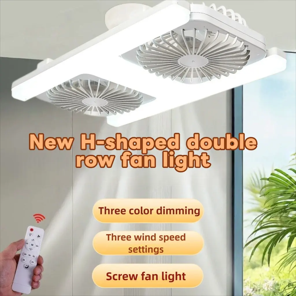 E27 Screw Base Fan Light, Silent Dual Row Adjustable Angle Remote Control, Three Color Dimming, Three Wind Speeds, Ceiling Fan Light for Living Room, Bedroom, Kitchen, Adjustable Indoor Lighting