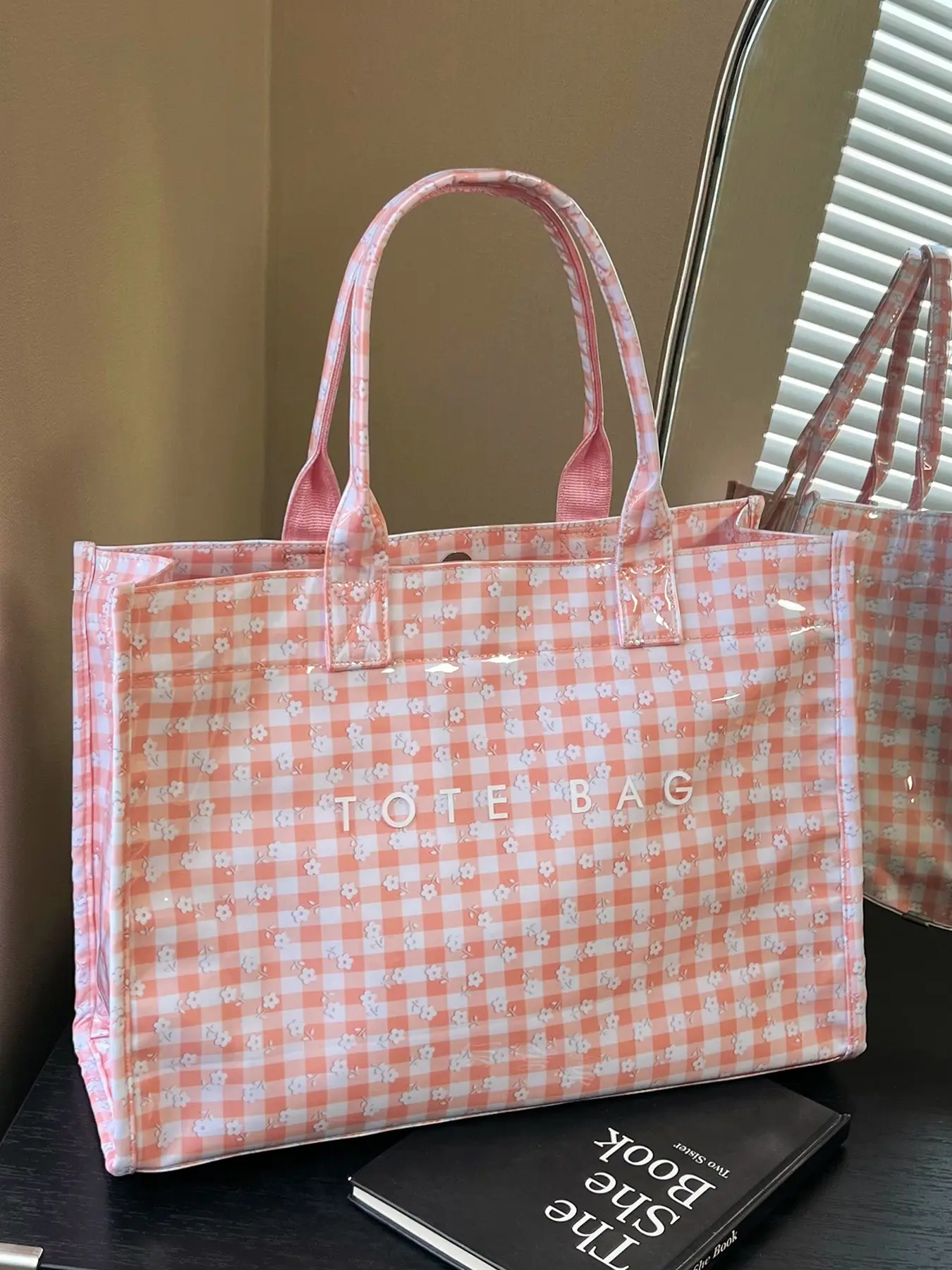 PVC Small Floral Print Plaid Patterns Large Capacity Tote Bag for School, High Aesthetic Lightweight Waterproof Handbag, Fashionable Commute Crossbody Travel Backpack