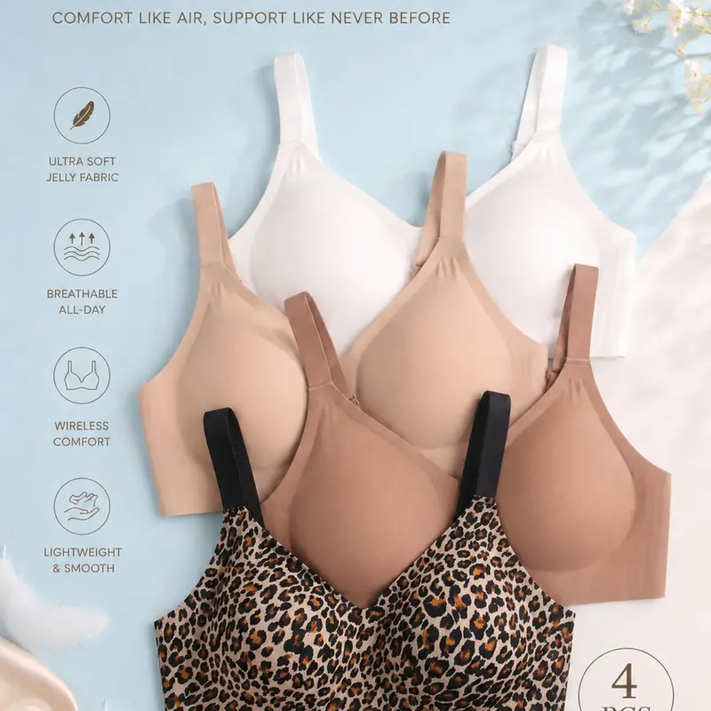 4 PCS Jelly Bralette, Deep V Neck, Medium Support, Fitted and Lined Design, No Underwire, Smooth, Comfortable Daily Wear for Women, Wire Free Bra