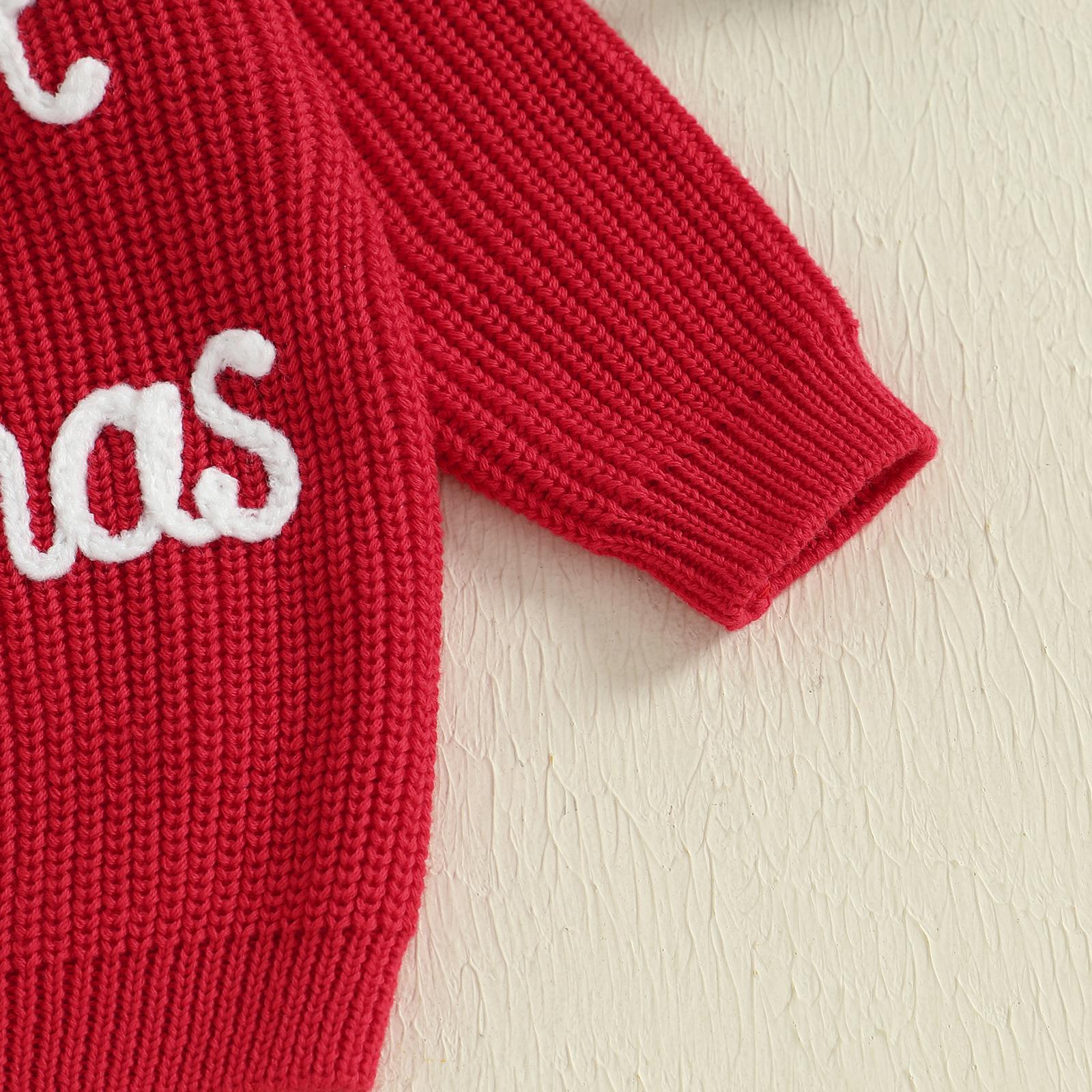 Infant Baby Girls Boy Knit Sweater Christmas Hat and Letter Embroidery Crew Neck Pullover Long Sleeve Tops 0-18 Months