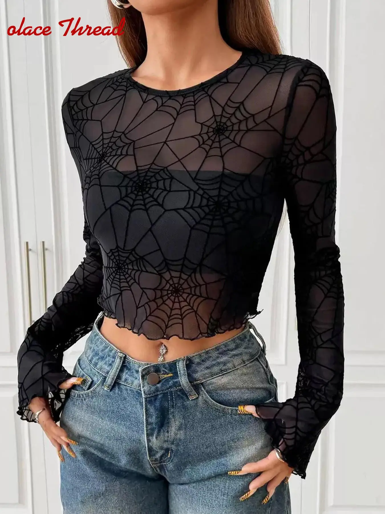 Women's Gothic Spider Web Mesh T-Shirt, Long Sleeve Ruffled Lace Top, Round Neck Design, Net Fabric, Halloween Party Fashion
