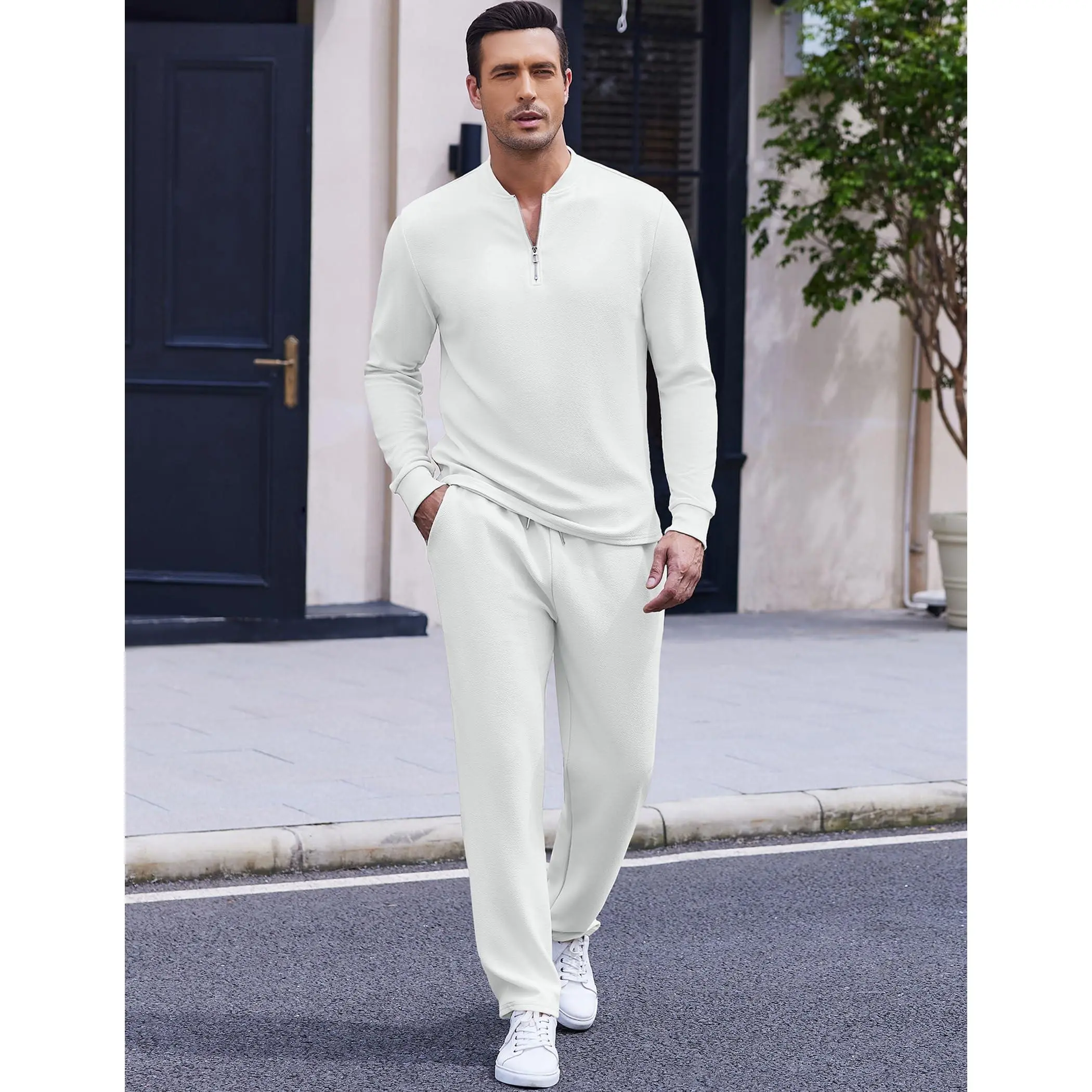 Men's 2 Piece Tracksuit Set Polo Athletic Sweatsuit Quarter Zip Jogging Long Sleeve Casual Sports Outfits