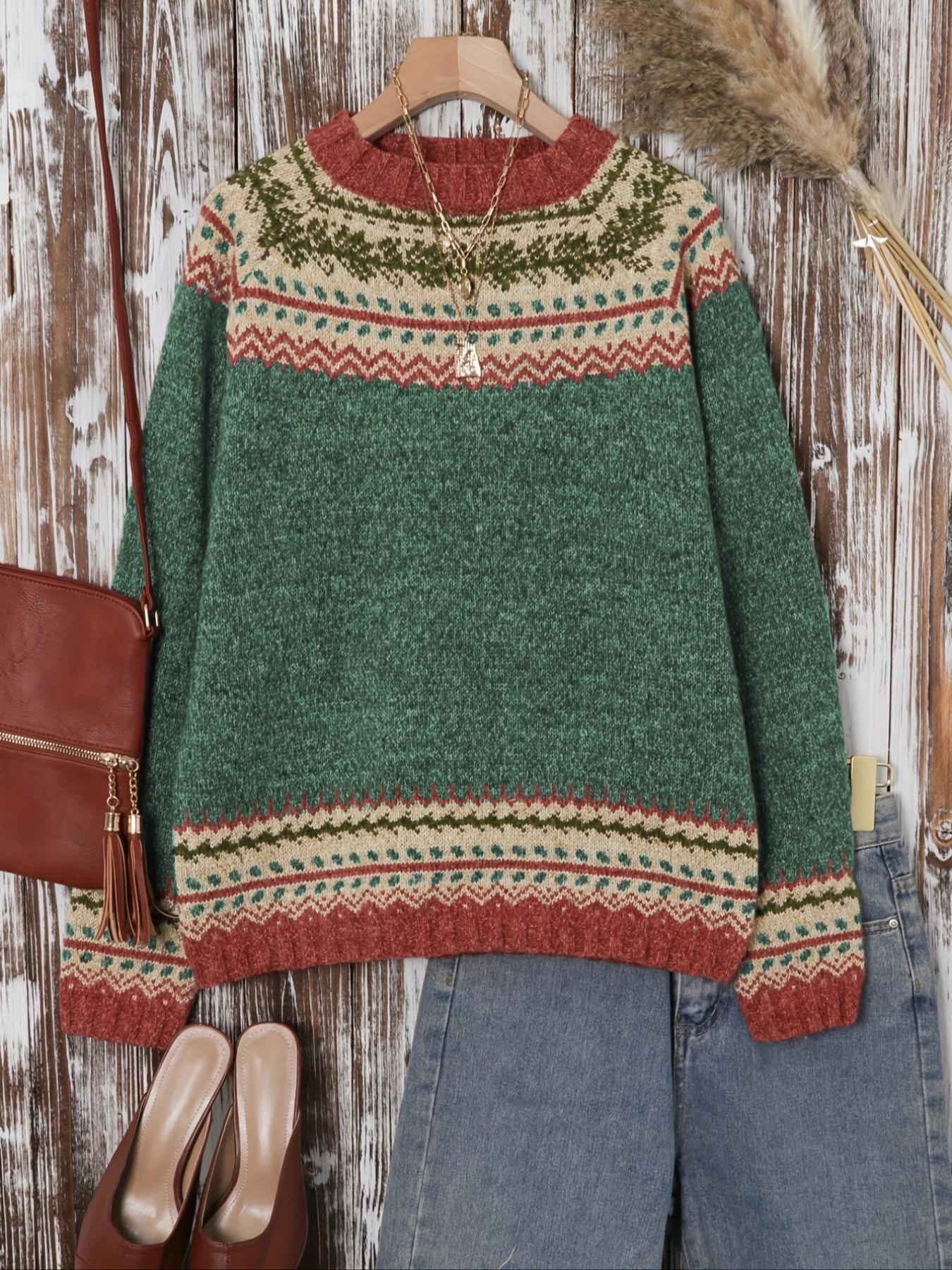 Women's Ethnic Pattern Raglan Sleeve Sweater, Casual Long Sleeve Round Neck Jumper for Fall & Winter, Fashion Ladies' Knitwear for Daily Wear Tops, Womenswear
