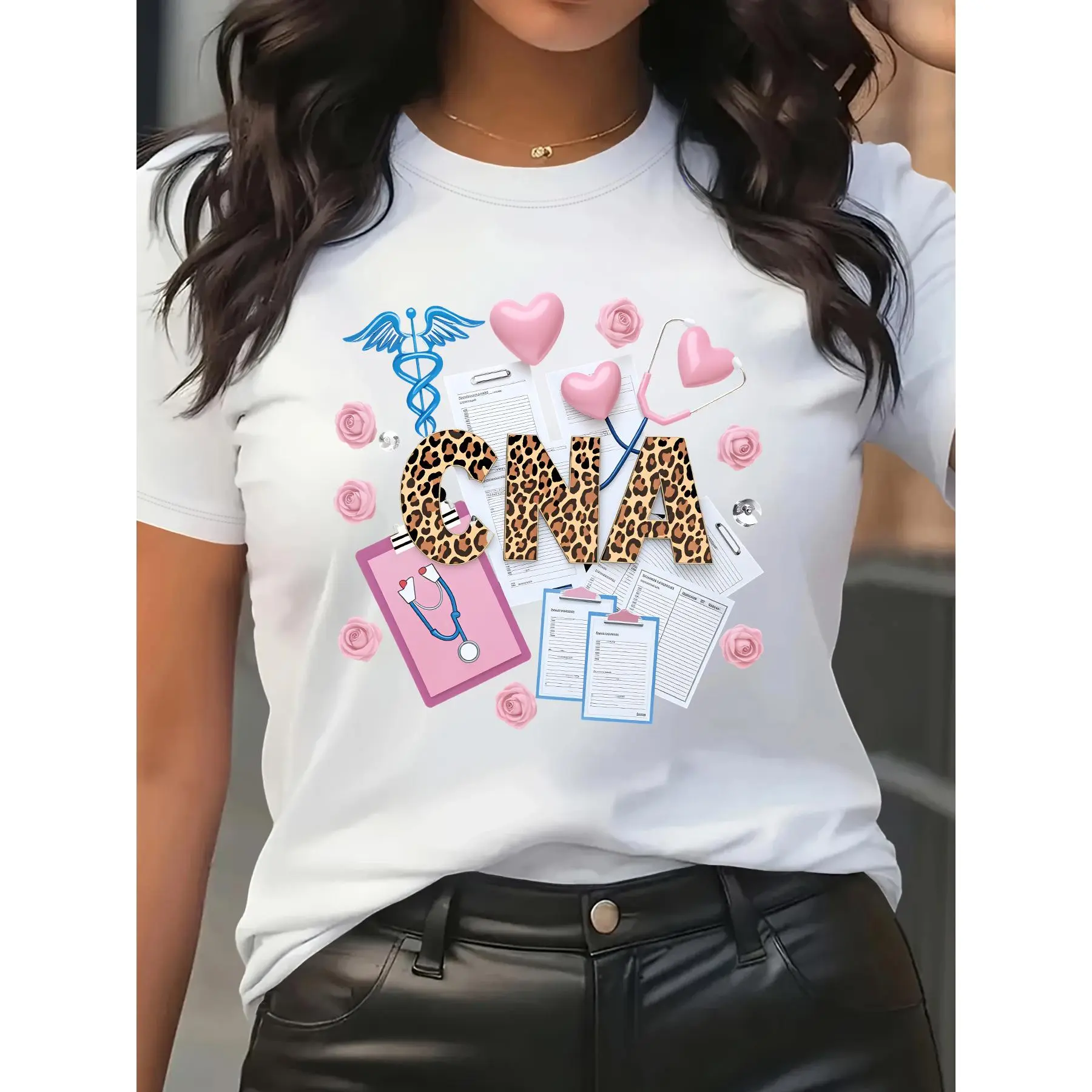 Women's CNA All-Over Print Round Neck Shortsleeve Loose-Fit Sports Top - Breathable, Machine Washable, Suitable for Nursing & Casual Wear, Blouse-Compatible for Daily Commuting