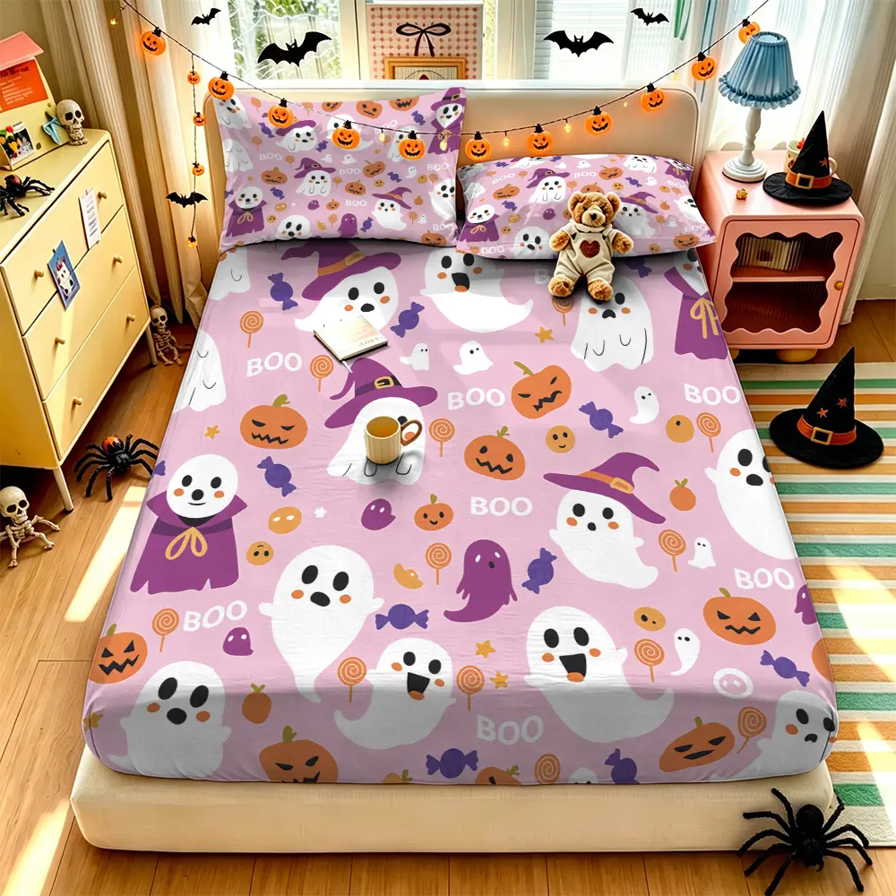 (1 fitted sheet + 2 pillowcases, no filler),Halloween Cute Ghost Pattern,Soft comfy polyester fitted sheet 3-piece bedding set with vivid clear patterns, nice room decor and exquisite gift for home bedroom