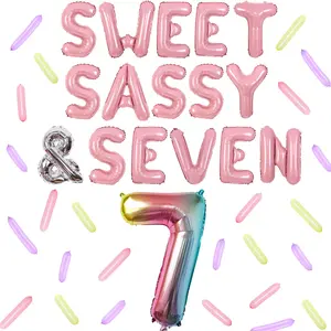 1Set Donut 7th Birthday Party Decor Sweet Sassy and Seven Birthday Balloon Banner Dessert Theme Pastel Balloons Number 7 Balloon Sweetmeat Pastel Confetti Balloon for Summer Ice Cream 7th Party