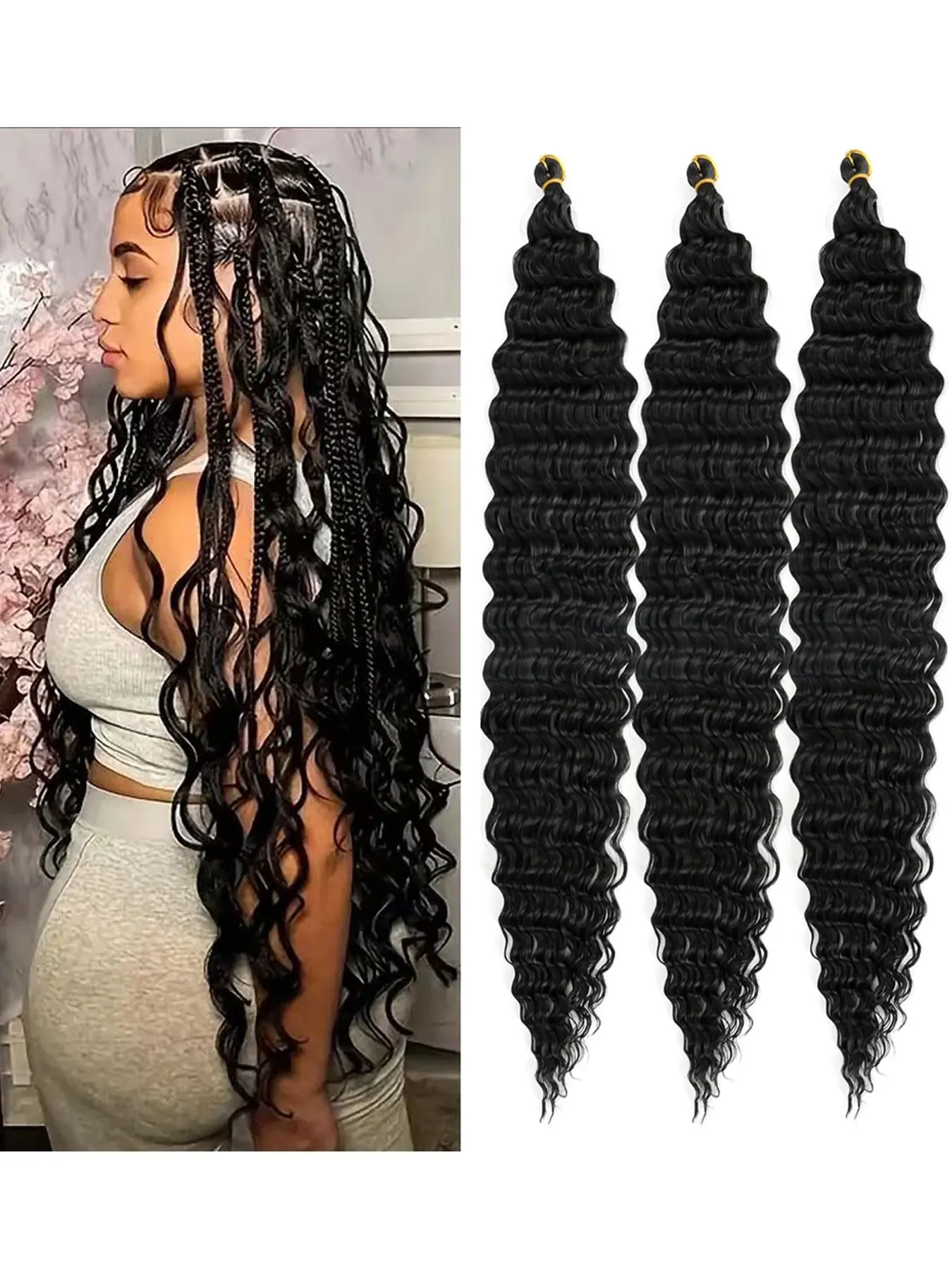 3 Pcs Deep Wave Braiding Hair Bundle, Synthetic Ocean Wave Crochet Hair Extension, Stylish Hairstyle Accessory for Women