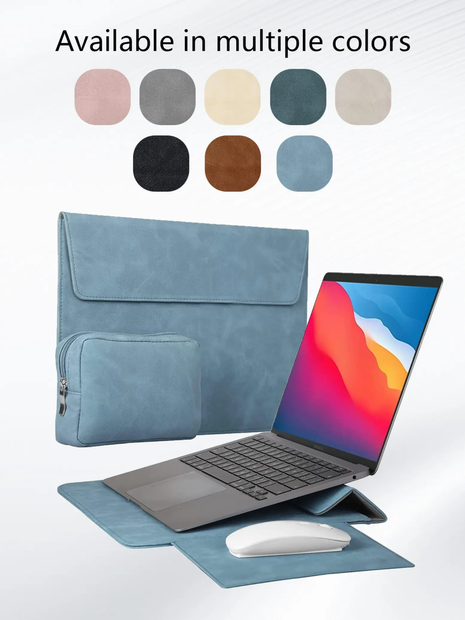 PU Leather Laptop Sleeve Bag with 2-In-1 Stand, Mouse Pad, Smooth Zipper, Compatible with Macbook, iPad, Hp Chromebook, Surface