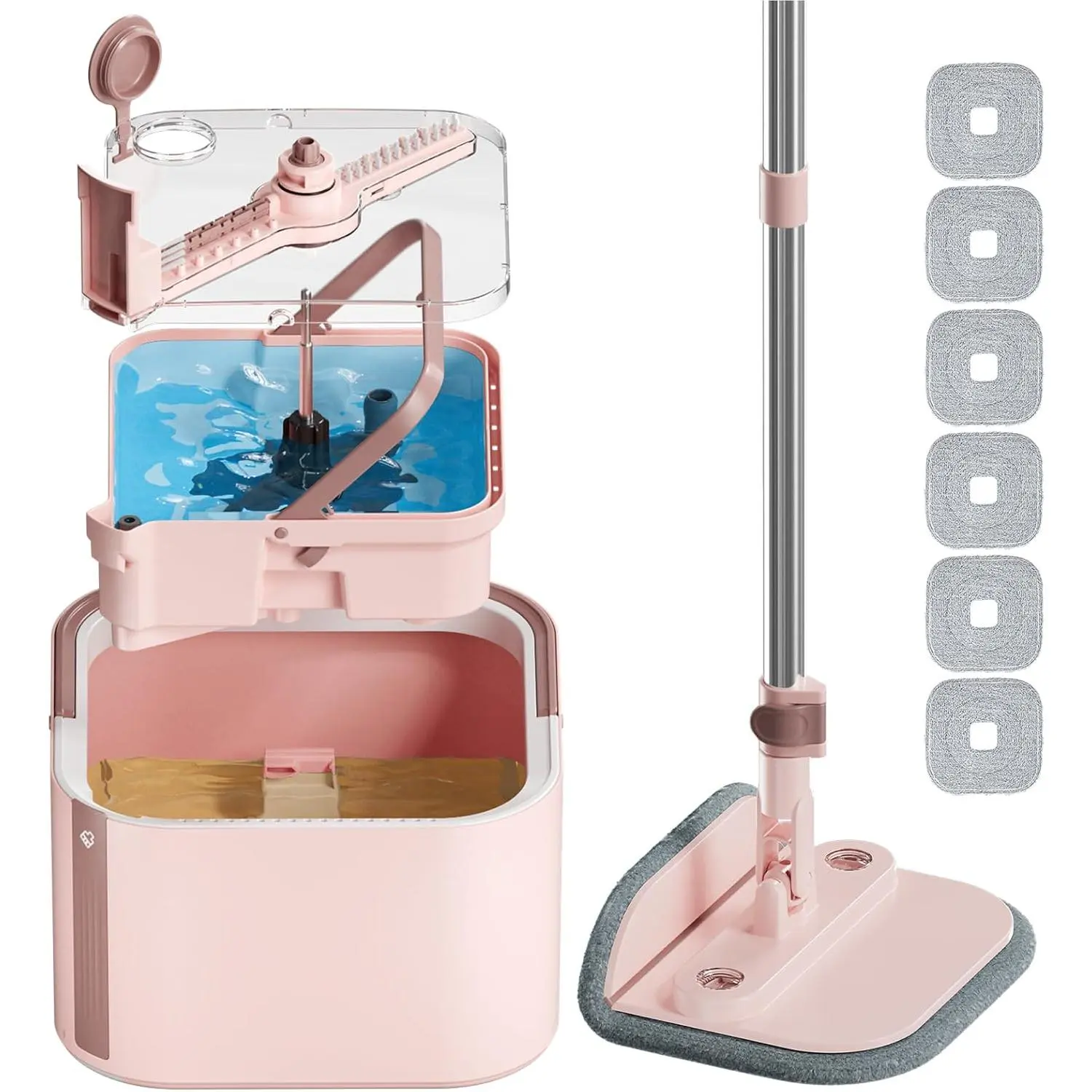 Spin Mop and Bucket System Kit Self-Separating Cleaning Soil Foldable Square Mop Bucket with Washable Interchangeable Mop Pads Pink Mop Set with 6PC Pads