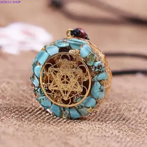 Unisex Blue Turquoise Orgonite Chakra Circle Necklace, Healing Crystal Protection Amulet, Adjustable Pendant for Neck Bag Luggage Decor