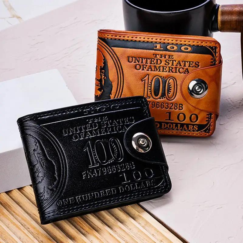 Retro Banknote Design Wallet, Unisex Slim Snap-Closure Coin Purse with Multiple Card Slots, Black & Brown Durable for Everyday Use