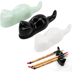 3 count  Brush Rest Holder, Cute Cats Shape Stand for Chinese Painting Pen Chopsticks Sumi Brushes and Calligraphy, Porcelain Ceramic Oriental Art  (Black, White, Green)