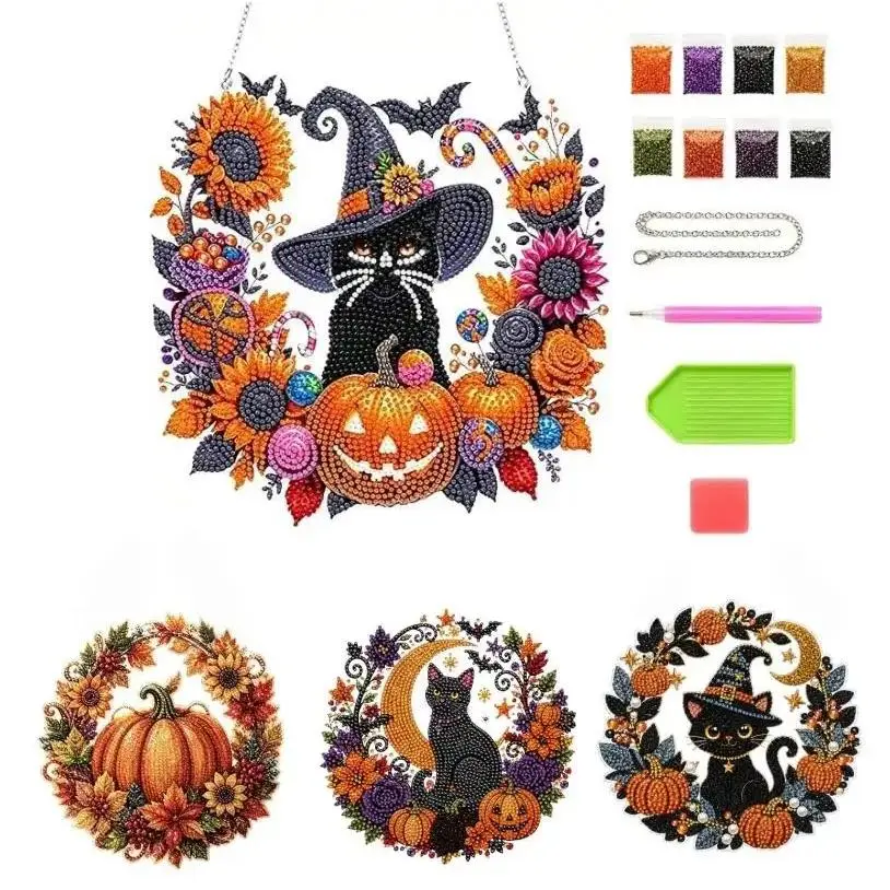 [Back to School]Halloween Diamond Painting Suncatcher Ornament Kit, Pumpkin Black Cat DIY Gem Art Hanging Decoration, Acrylic Window Hanging Craft Kit, Sparkling Fall Home Decor Gift-MM1
