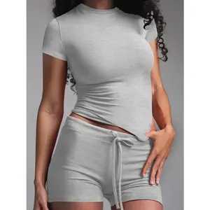 VVZ 2026 Women's 2 Piece Loungewear Set, Casual Short Sleeve Tee & Drawstring Shorts PJ Set, All-Season Sleepwear & Comfy Daily Outfit for Women