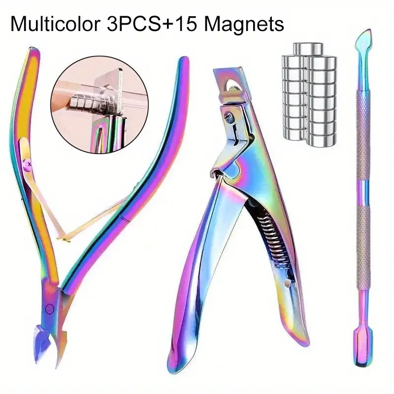 15PCS Powerful Magnet Cylindrical Multi-functional Cat Eye Magnet+3Pcs Stainless Steel Nail Clippers Manicure Set Nail Cuticle Pusher Silvery U-shaped Nipper Clipper Edge Cutter Dead Skin Remover Scissor Plier Pedicure Nail Tools Diy Manicure Supplies