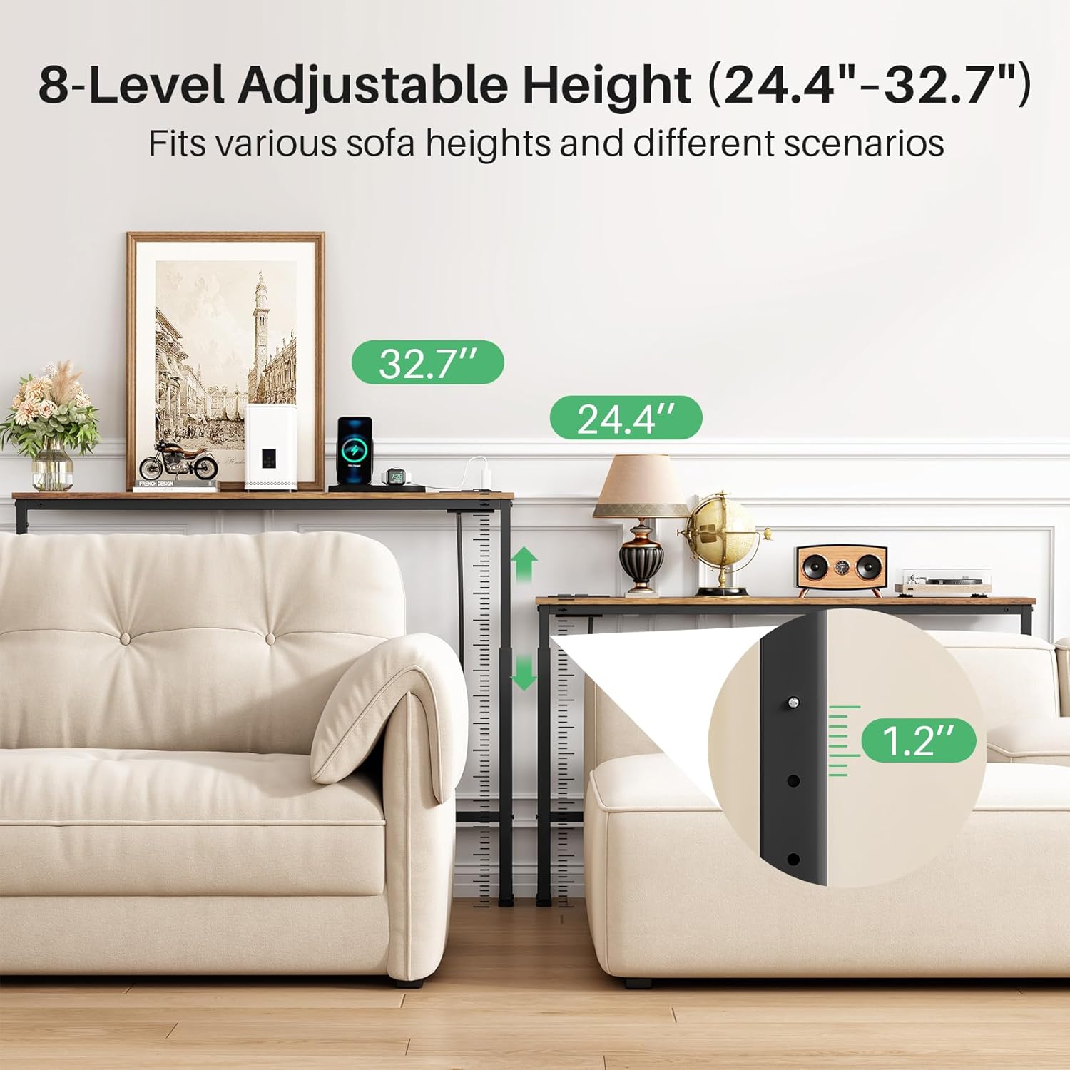 2-Pack Narrow Console Table with Adjustable Height (25"-33") & 2 Power Outlets, Skinny Behind Couch Table, 79" Long x 5.9" Wide Sofa Side Table for Living Room, Rustic Brown
