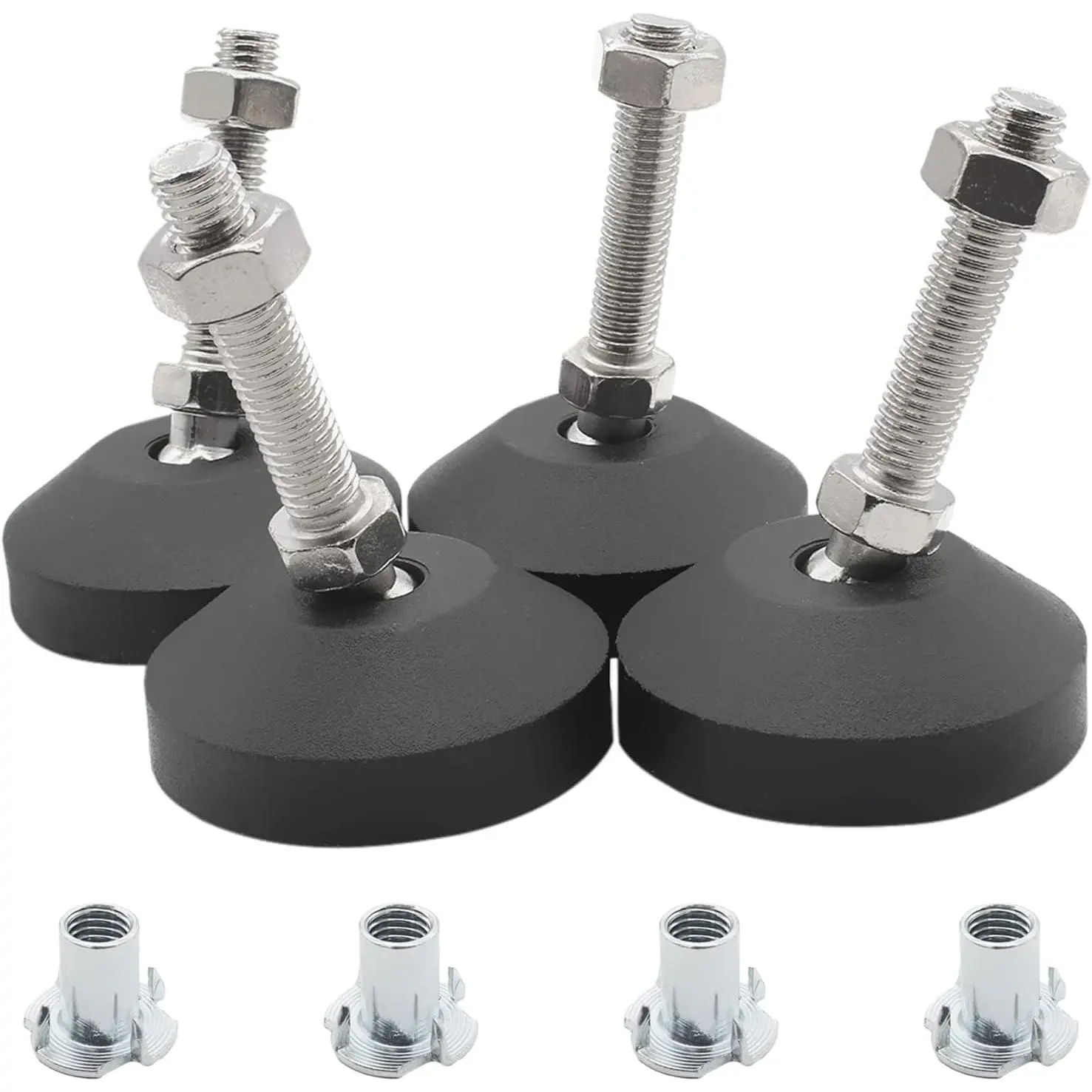 Luomorgo 4 Pcs M10 Nylon+Rubber Leveling Feet with T-Nut, D50xM10xH50/80mm Anti-Skid Threaded Adjustable Swivel Levelers, Heavy Duty Wide Base for Furniture & Appliance Feet, Anti-Skid Grip