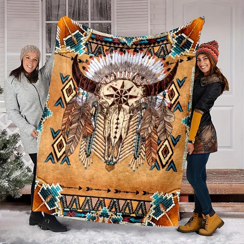 Skull Sheep Head Patterned Indian Style Blanket, Suitable For All Seasons, Comfortable And Cozy, Ideal For Home Sofas, Bedding, Office Napping, Travel, And Camping, Perfect As A Gift For Friends And Family