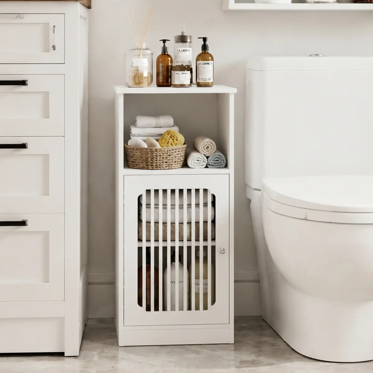White Rectangular Self-Build Floor-Stand Bathroom Storage Cabinet - MDF Board & Particleboard Slatted Ventilated Doors, Tiered Layout, Moisture-Resistant Floor Cabinet for Bathroom, Kitchen