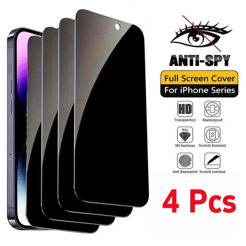 4Pcs Privacy Screen Protector Tempered Glass Compatible For iPhone 18 17 16 15 14 13 12 11 16e Plus Air Pro Max Anti Spy Tempered Glass Privacy Screen Protector Pro Max Tempered Glass Protector protective