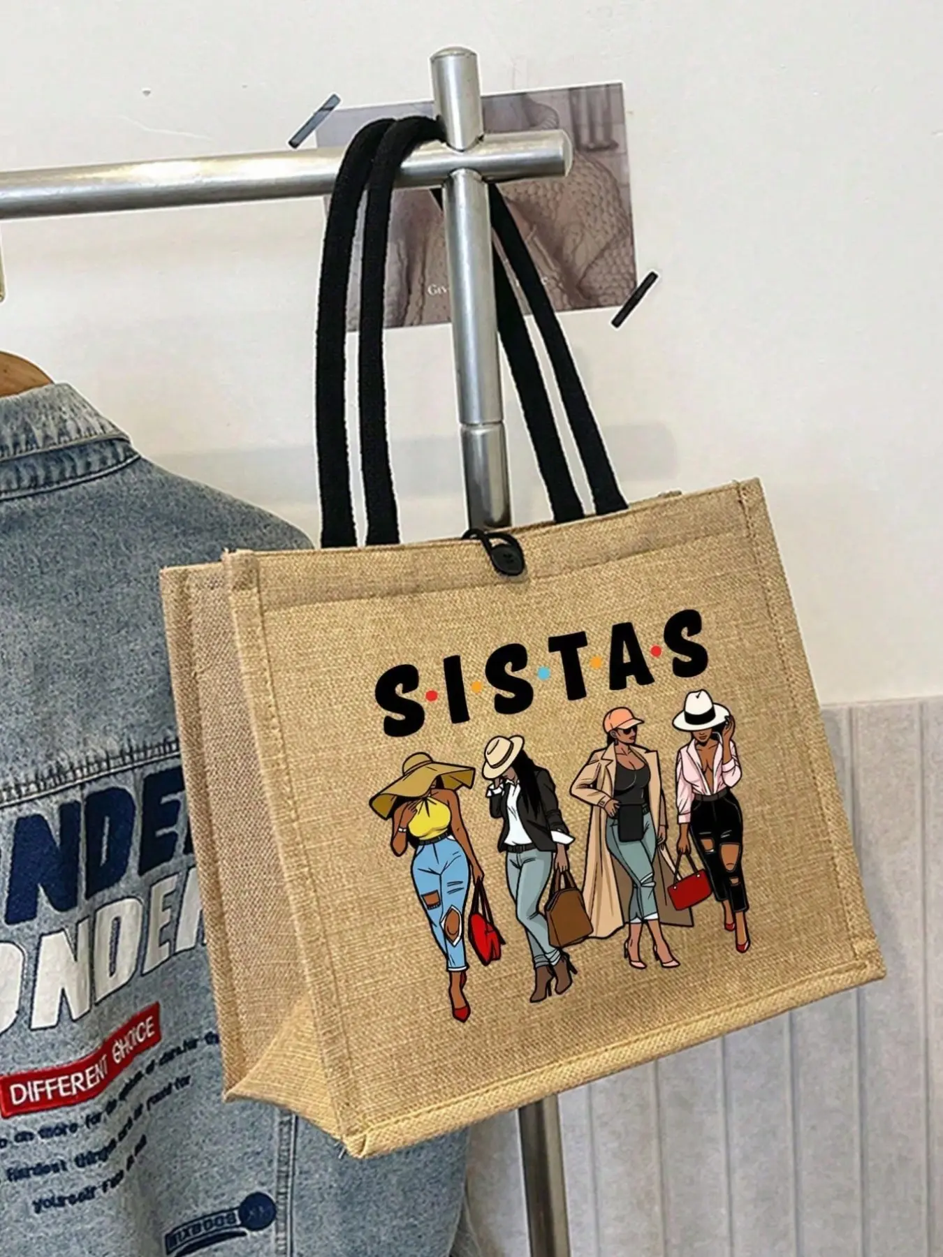 Fashionable Women's Printed Tote Bag, Lightweight Burlap Shopping Bag, Portable Travel Beach Bag, Perfect Gift for Sisters and Friends