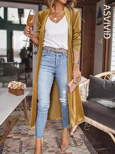 women's solid pocket shawl collar velvet longline coat, casual long sleeve open front outerwear for spring & fall, ladies clothes for daily wear
