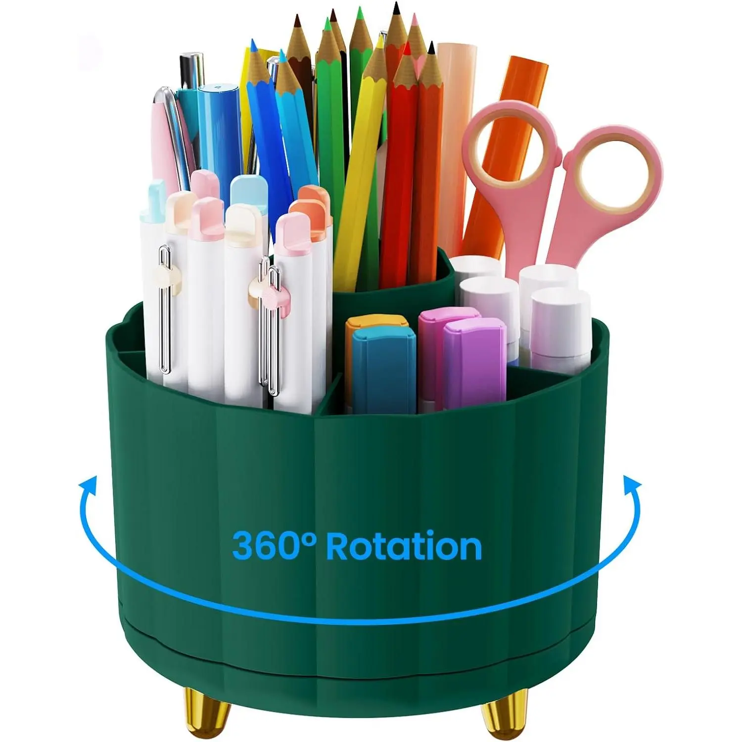 Desktop Organizer 360 Rotating, with 6 Slots Pen & Pencil Holder, Desk  for Markers, pen, pencil, Space Saving Office Organization, Small Desk Essentials, Work , Green