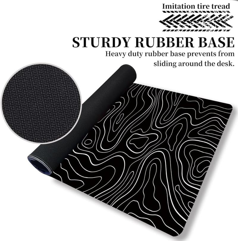 Large Gaming TOPO Keyboard  Pad Black and White Topographic  Pad with Anti-Slip Rubber Base, Extended XXL Long Gaming Mousepad Big  Pads for Desk,31.5 X 11.8 Inch