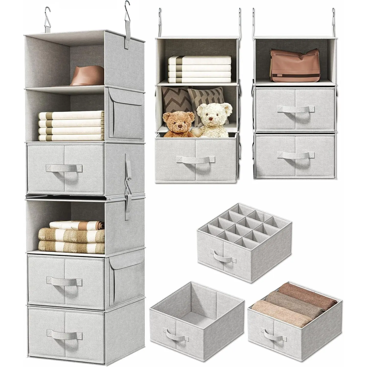 6-Shelf Hanging Closet Organizer with 3 Drawers, 2 Separable 3-Shelf Closet Organizers and Storage for Wardrobe Organization, Hanging Dresser for Nursury & Dorm Clothes Organizer