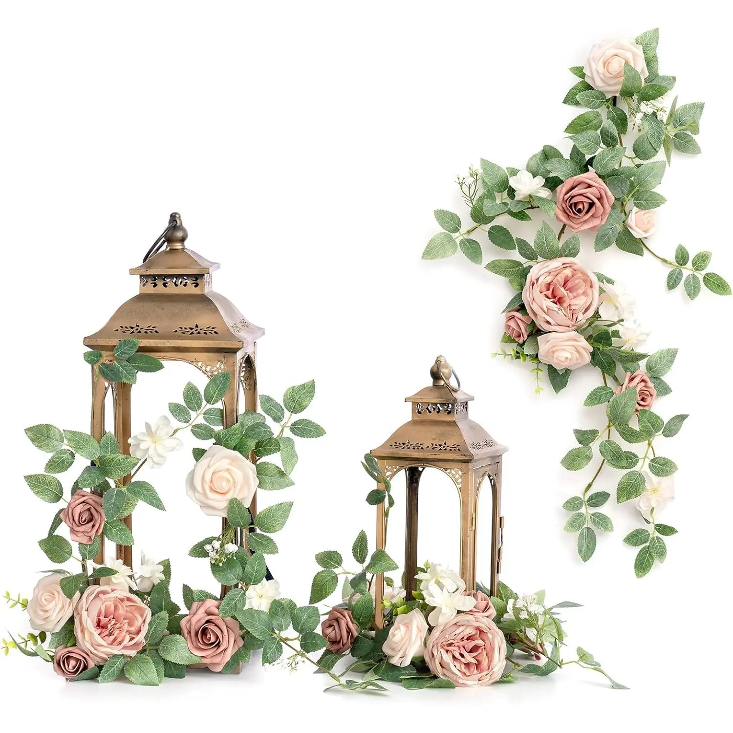 Ling's moment 2Pack Dusty Rose Artificial Flowers Garlands 1.8 FT| Lantern Flower, Arch Floral, Centerpieces, Wedding Aisle Chair Flowers, Cake Decor, Not including lantern