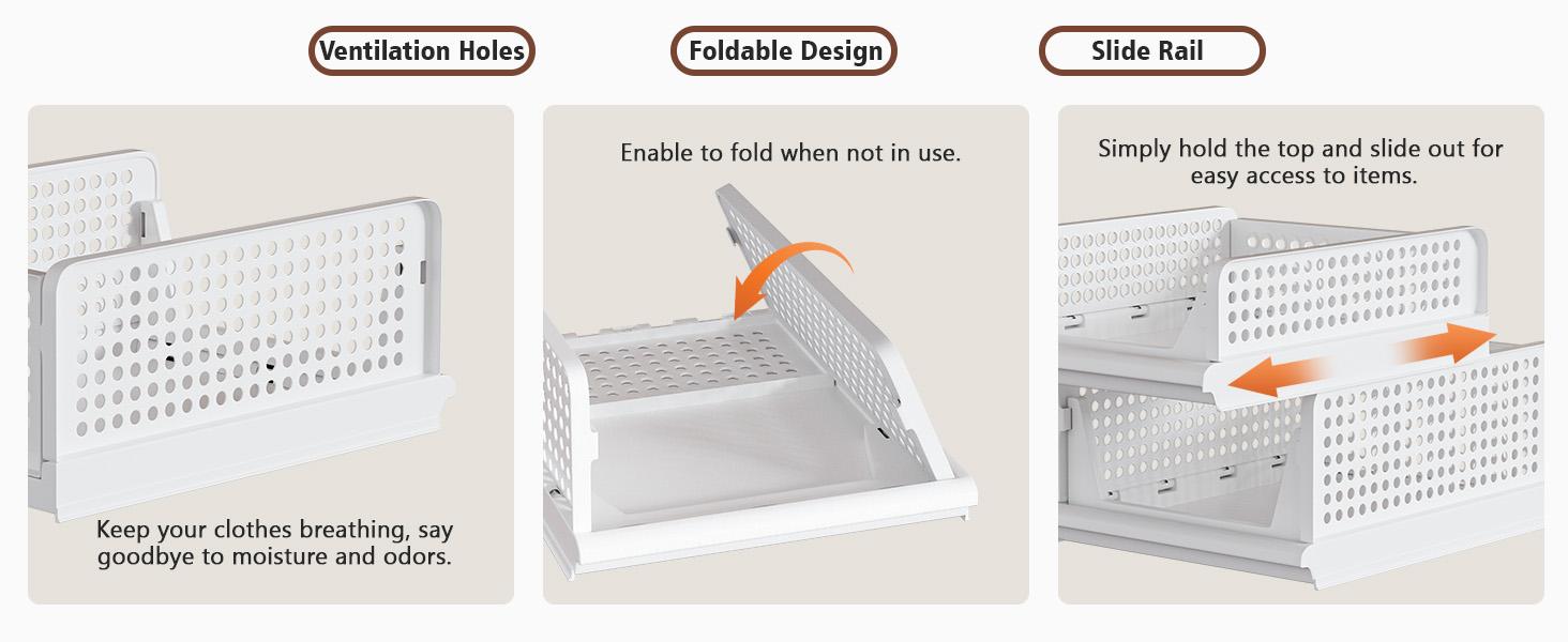 Stackable Plastic Storage Basket Closet Organizer Bin Foldable Clothes Organizer Storage Drawer Shelf Container For Living Room,Bathroom,Kitchen,Office