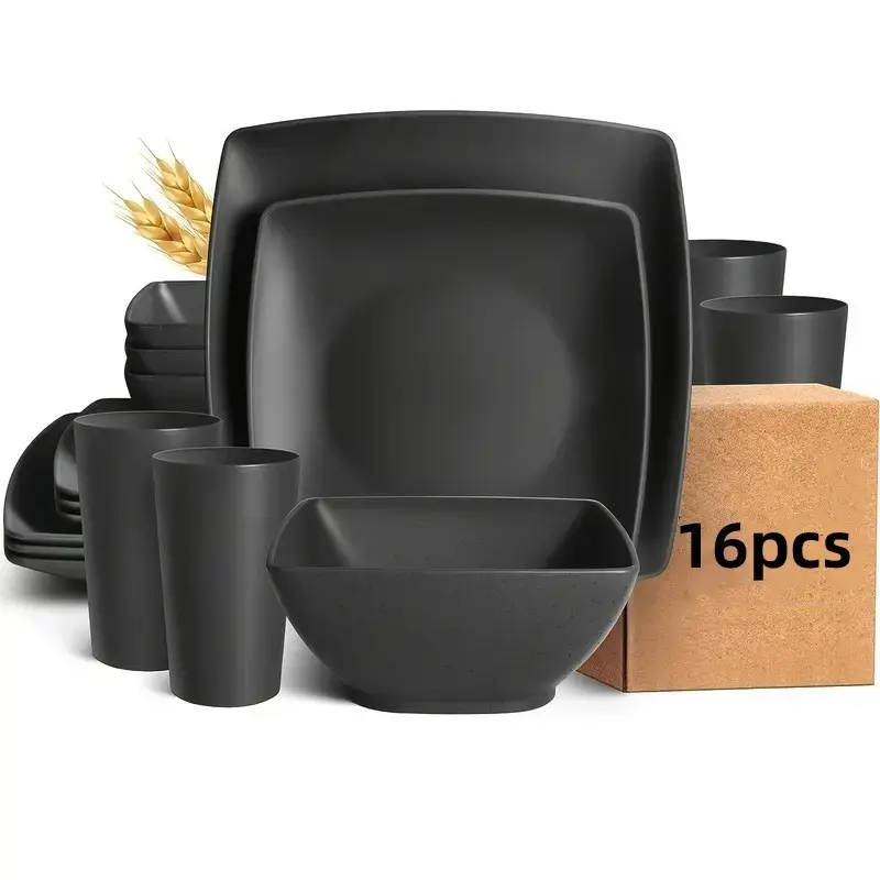 16/32 Piece Plastic Straw Square Dinnerware Set, Plastic Plates and Bowls Sets, Dishwasher Safe, Microwave Friendly, Stackable, Space Saving, for 4/8 People, Outdoor Use