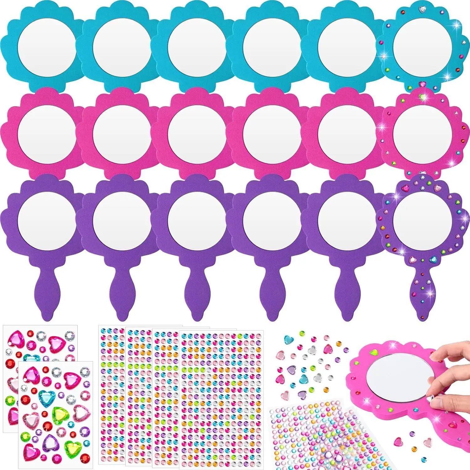 20 Pcs Unbreakable Kids Mirror DIY Decorate Your Own Princess Mirror Mermaid Foam Small Crafts Princess Party Decorations(Pink, Purple, Turquoise)