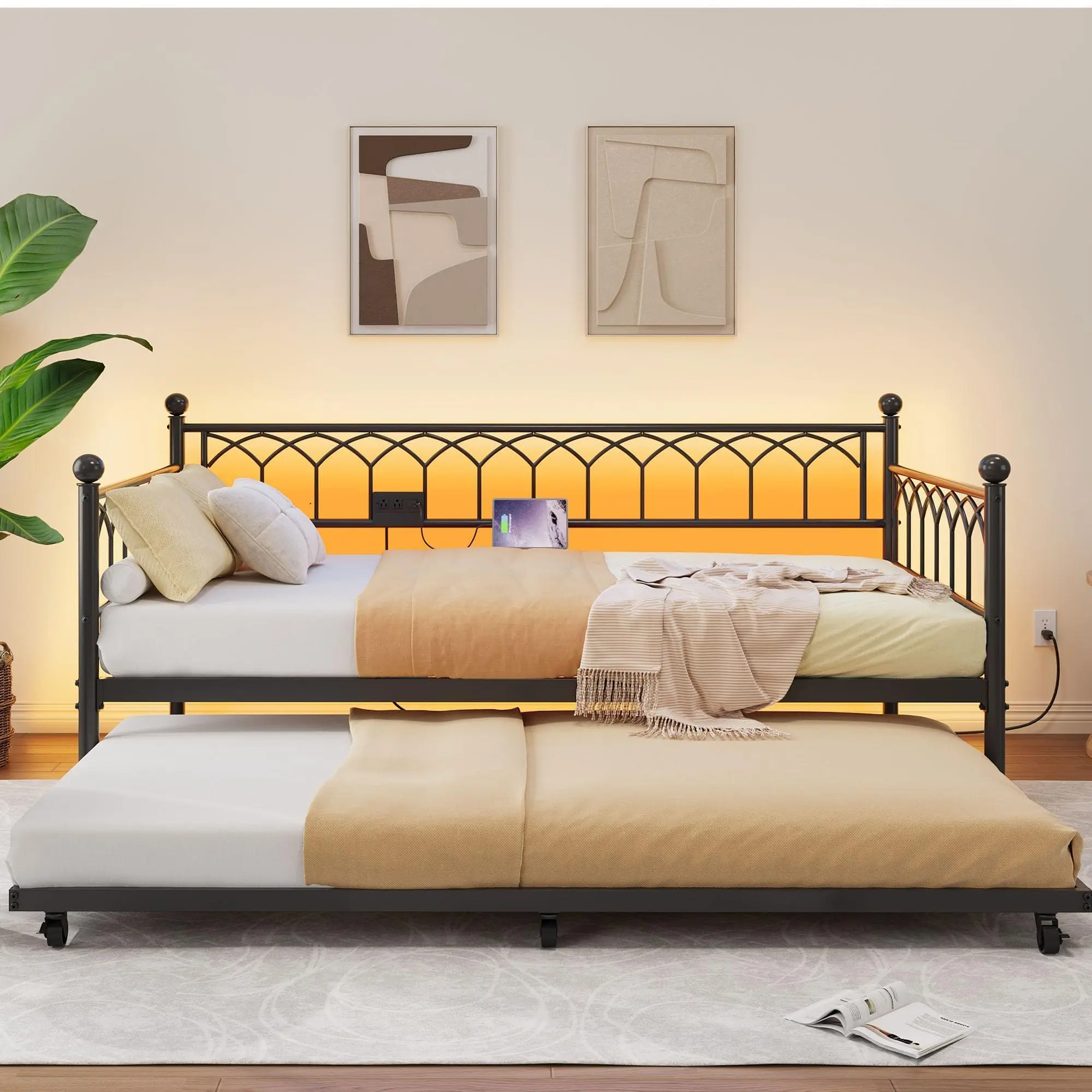 Twin Daybed with Trundle, Day Bed with Charging Station & LED Lights, Metal Sofa Bed Frame with Pull Out Trundle for Living Room, Bedroom, Guest Room, Apartment and Small Spaces, Purple