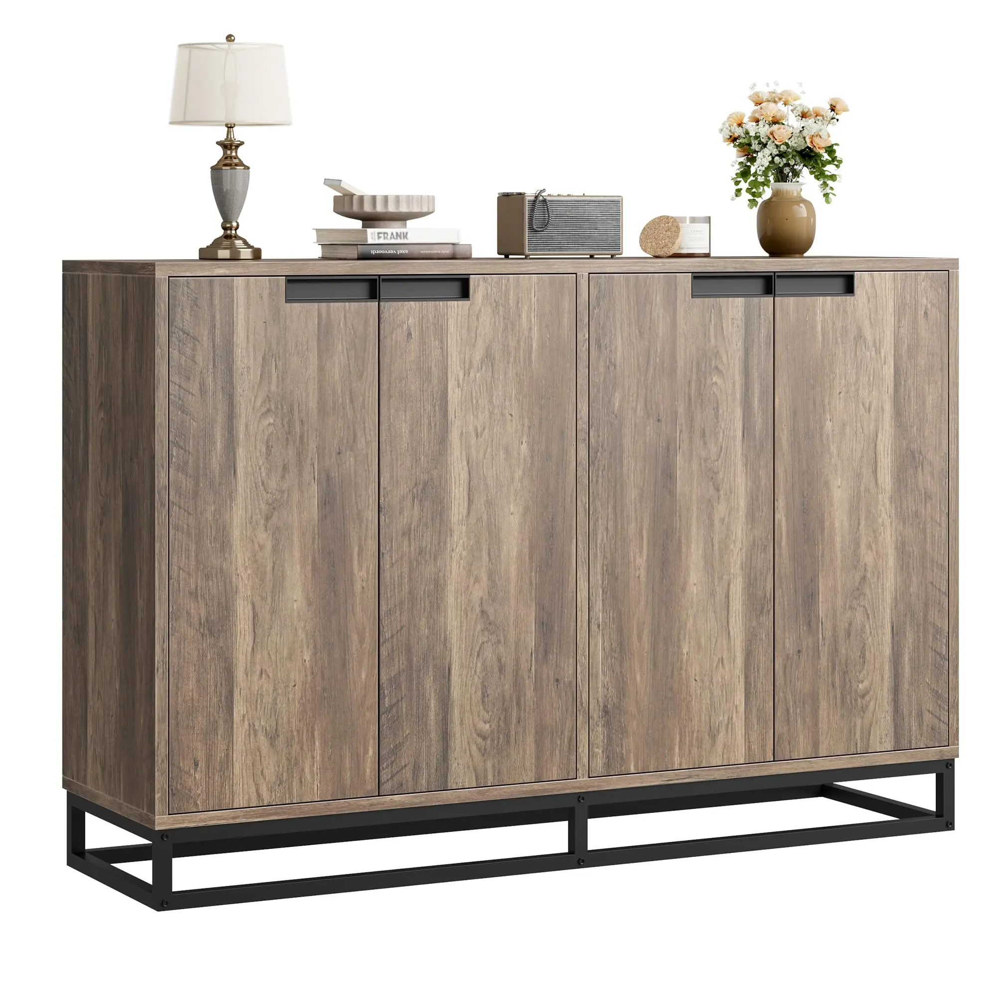 【GARVEE】55 in Rectangular Wooden Sideboard Buffet Storage Cabinet, Modern Credenza with 4 Doors & Adjustable Shelves, Multi-Purpose Console for Living Room, Dining Room