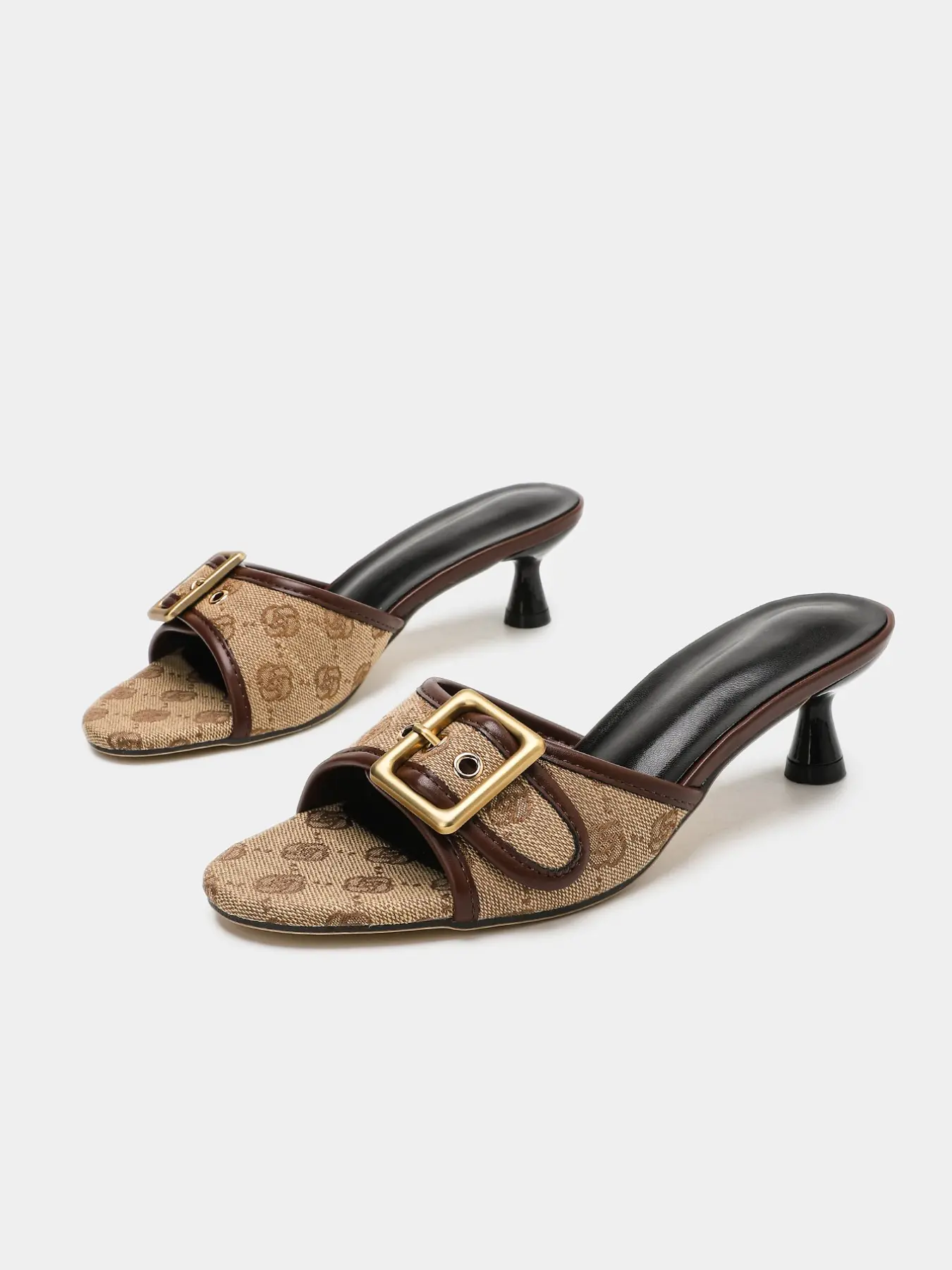 Women Mule Heels Open Toe Slip On Sandals Jacquard Fabric Low Kitten Heel Shoes with Gold Buckle Detail Elegant Vintage Style Comfortable Dress Shoes for Office Work Date Party Wedding Spring Summer US Size 6-10