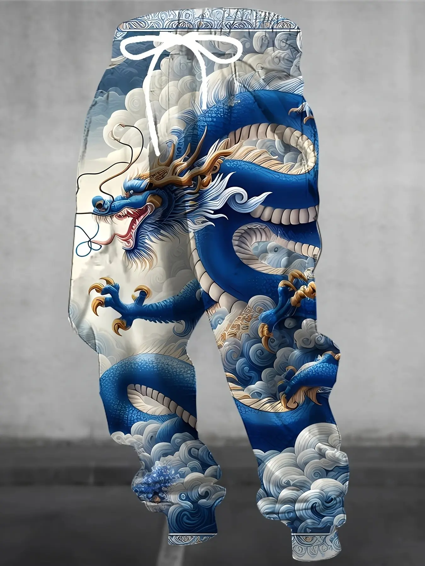 Men's Qinglong Pattern Tight Fit Pants, Retro Clouds Blue-And- Porcelain Texture, Trendy Running Long Pants