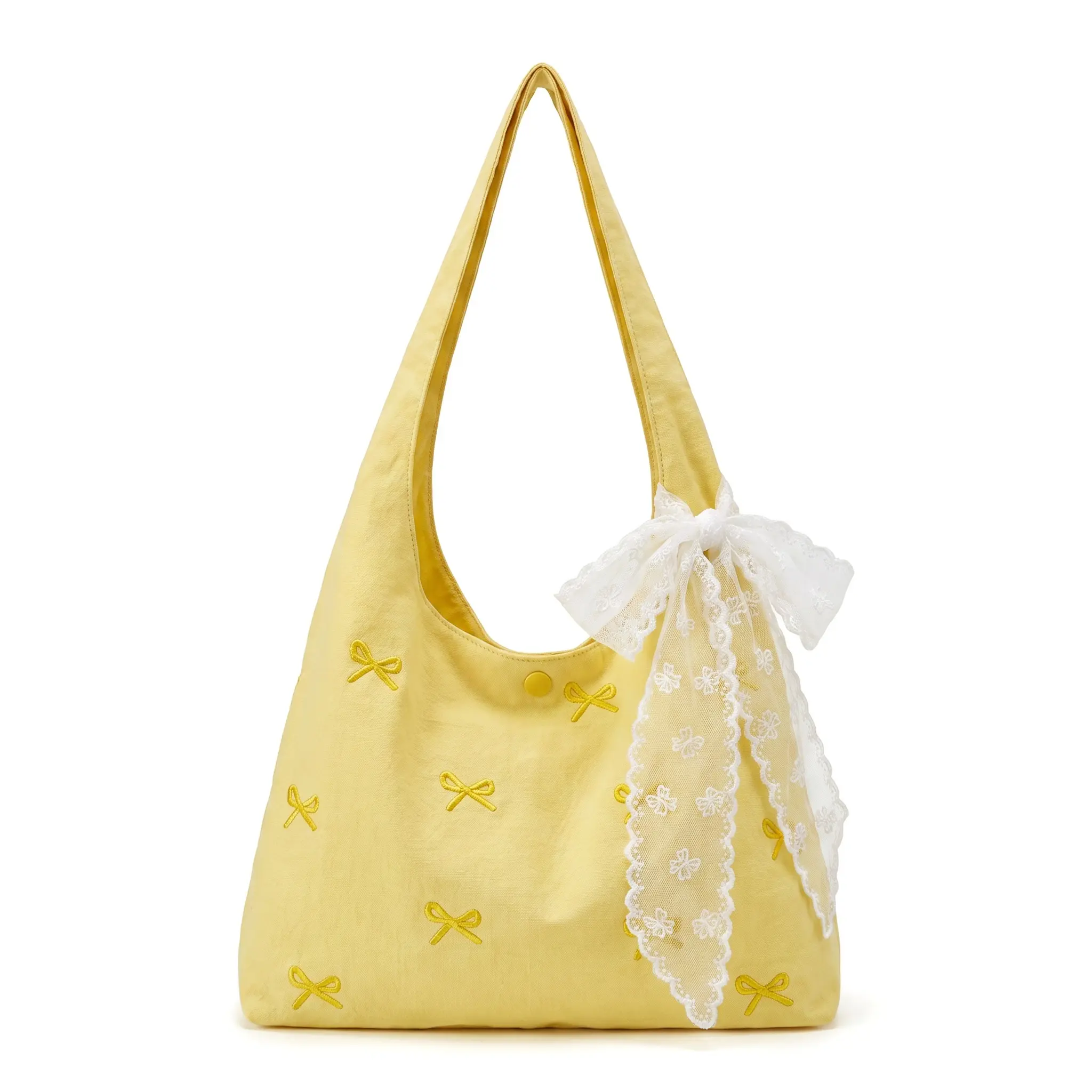 Women's Soft Cozy Fabric Korean Canvas Tote Bag - Sweet Cute Embroidered Bows, XL Multi-Function Shoulder Bag with Magnetic Snap, Zipper Pocket, Internal Zippered Compartment, Lightweight for Back to School Haul, Commuting