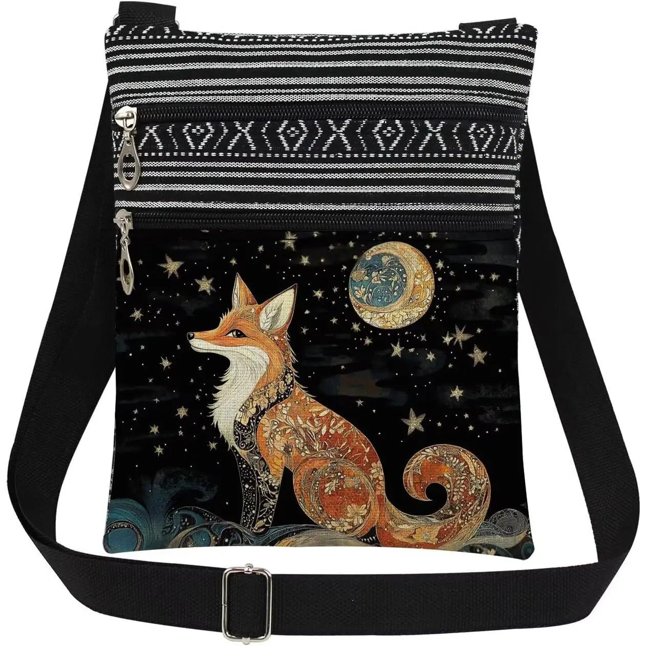 Fox Art Print Crossbody Bag Adjustable Unisex  Bag for Christmas Birthday Gifts Celestial Night Sky Design with Stars & Moon Messenger Bags