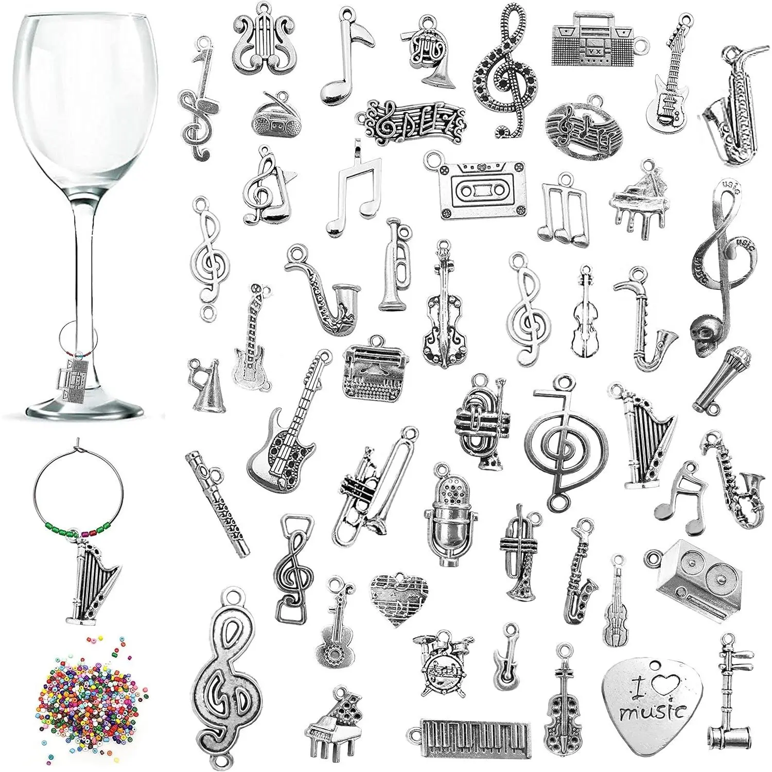 52 pcs / 40 pcs Wine Glass Charms, CNYMANY Musical Instrument Goblet Drink Markers Tags with Buckle Design and Colorful Beads for Wine Cocktail Champagne Tasting Party Favors Decoration Supplies Gifts