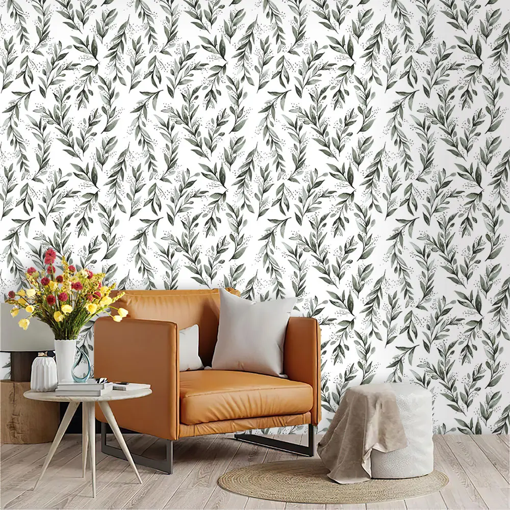 1 roll of hand-drawn leaf and branch pattern cyclic peel and stick wallpaper, suitable for home decoration in living rooms, bedrooms, foyers, cafes, and guesthouses