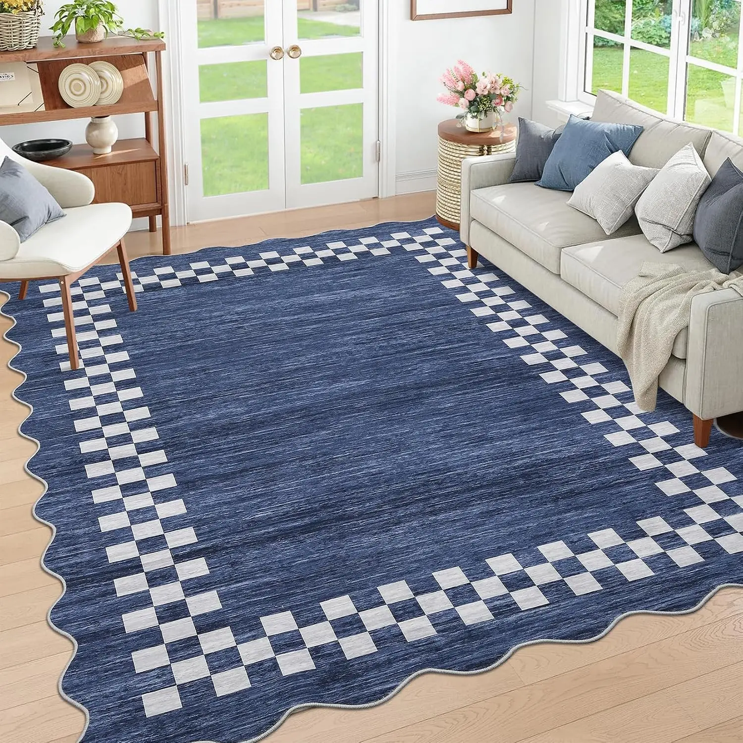 Washable Rug 5x7 for Living Room Large Bedroom Scalloped Rug | Non Slip Stain Resistant Modern Border Throw Carpet Soft Neutral Rug for Dining Room Nursery Home Office, Blue