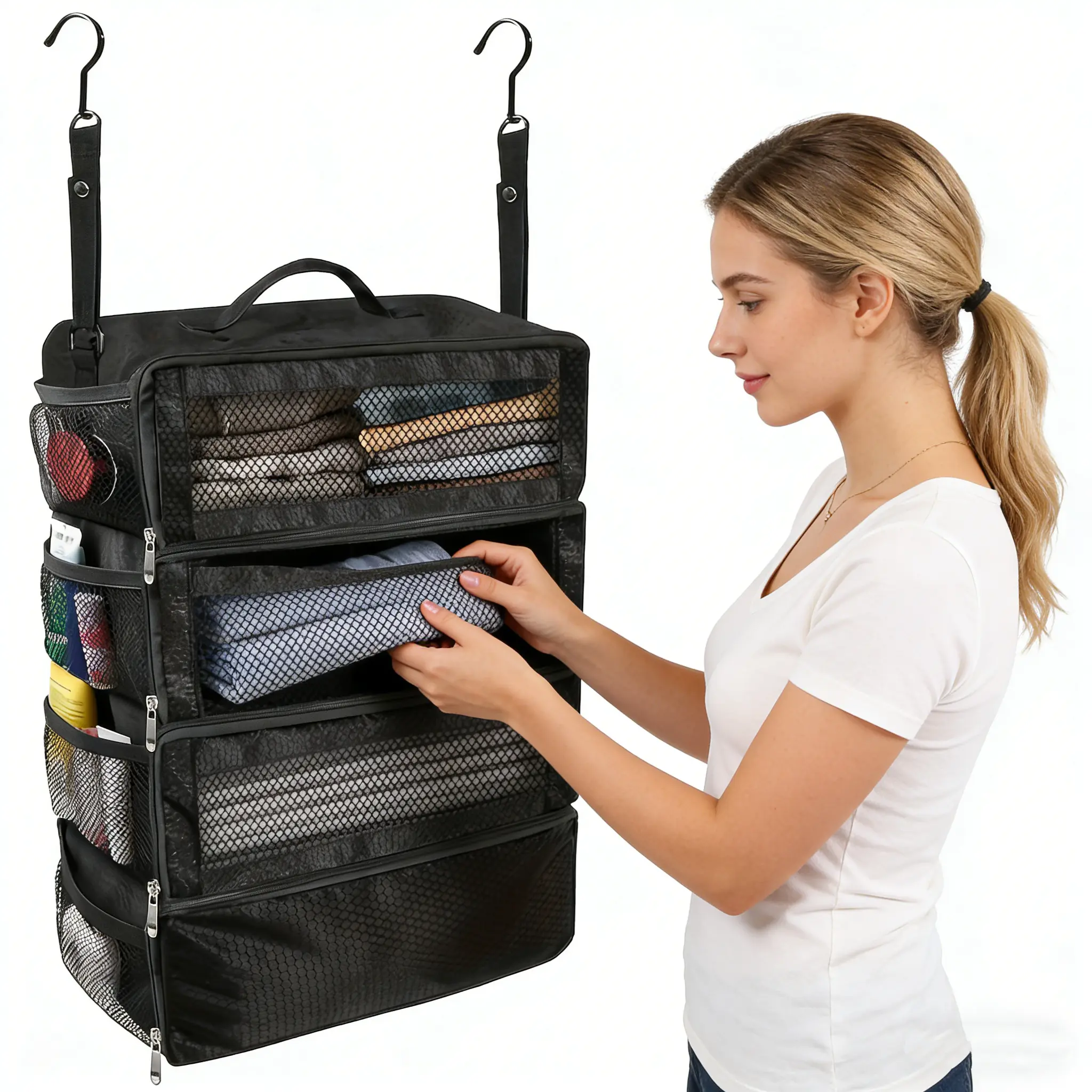 Suitcase organizers, travel packing cubes, travel cubes for packing, portable hanging travel organizer, foldable hanging carry-on organizer with quick-access compartments, Travel Accessory