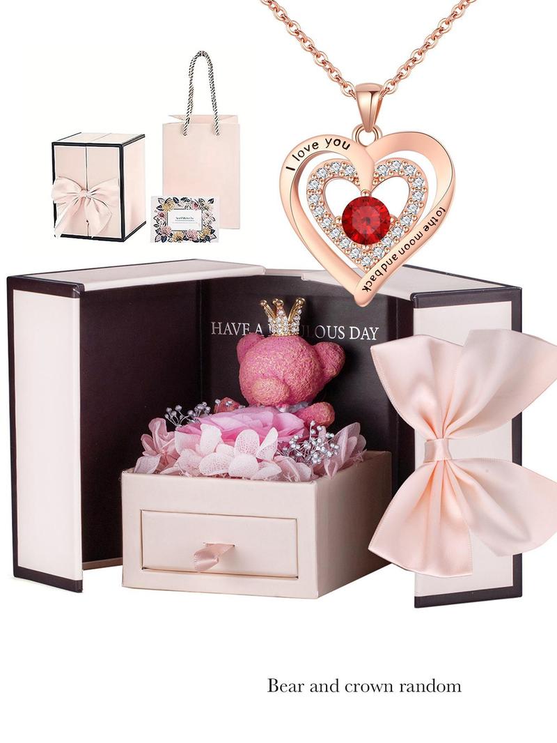 Elegant Heart Shaped Rhinestone Decor Pendant Necklace with Flower Rose Box, Fashionable Heart Design Necklace for Women, Elegant Jewelry for Wedding Party, Accessories, Valentine's Day, Gifts for Her, Mother's Day Gifts, Gift Set for Mothers, Love