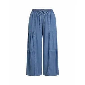 Cider Denim Mid Rise Drawstring Ruched Wide Leg Jeans Curve & Plus