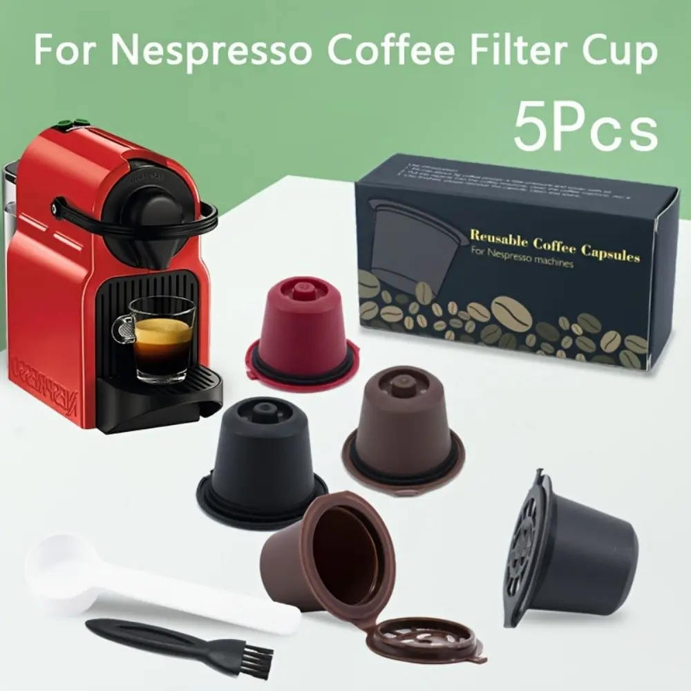 5pc reusable coffee capsule box, Reusable Coffee Filters.With brush + spoon.Compatible with Nespresso capsule shell (see picture for specific models).Suitable for home and office use, as well as outdoor camping.An essential accessory for coffee.