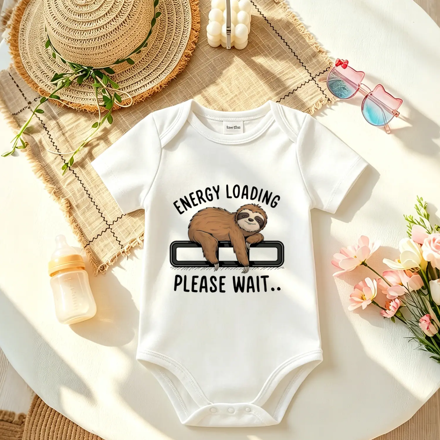 Minimalist Funny Sloth Energy Loading Baby Onesie - Soft Cotton Short Sleeve Shirt with Snap Buttons, Unisex Animals-Themed 0-2 Years Newborn Essential Summer Baby Shower Gift