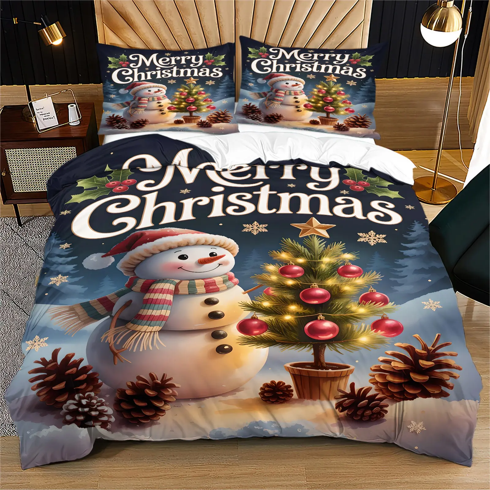 Ark Navy Background Merry Christmas Snowman & Xmas Tree 3pcs Duvet Cover Set, Modern Winter Holiday Bedding, Family Bedroom Xmas Gift