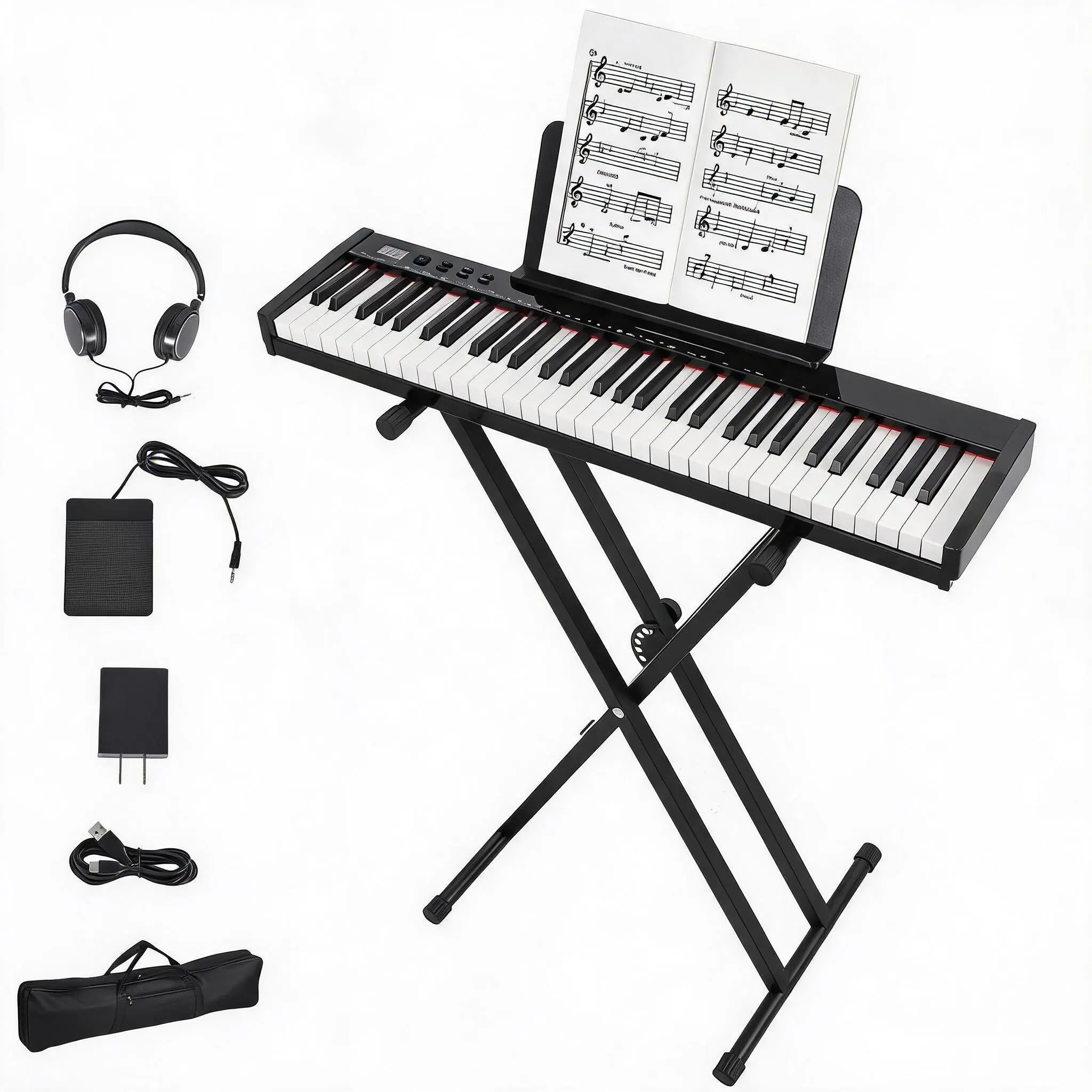 61-Key Digital Piano Keyboard – Portable, Semi-Weighted Electric Keyboard with 128 Tones, 128 Rhythms, 80 Sample Songs, Stand, Power Adapter, MIDI USB – Perfect for Beginners & Professionals