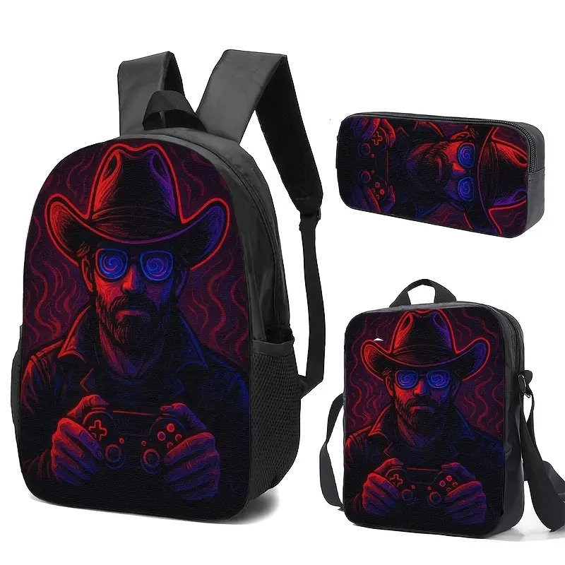 Durable Water Resistant 3-Piece Backpack Set for Kids, Lightweight School Bag with Lunch Box, Neon Red Purple Western Cowboy Gamer Controller Dark Swirl Graphic Print, Spacious 15in Laptop Pocket & Soft Breathable Padded Straps
